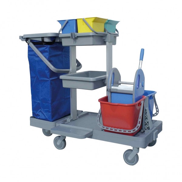 Carucior cu doua galeti de 15L, storcator, patru galeti de 6L, raft si suport pentru sac de 120L Carucior cu doua galeti de 15L, storcator, patru galeti de 6L, raft si suport pentru sac de 120L